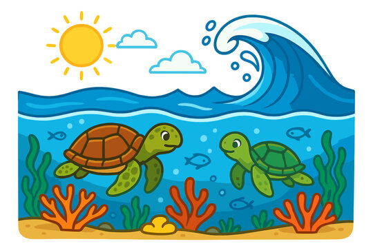 Two cute cartoon sea turtles swimming in the ocean. Underwater world with coral reef, fish, and seaweed. Summer sunny day with big sea wave. Marine life vector illustration.