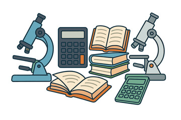Science education research vector concept. School university supply set. Microscope for biology, calculator for math, books for study. Flat cartoon illustration learning knowledge.