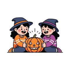 Two young girls wearing witch hats, smiling, and holding a carved pumpkin with a glowing light.