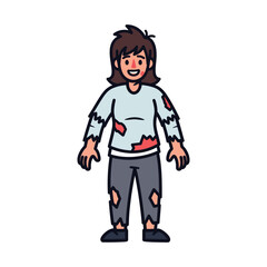 A cartoon illustration of a friendly-looking female zombie with messy hair and tattered clothes.