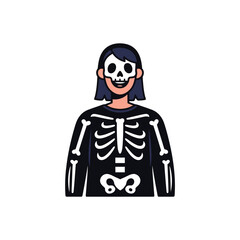 A person with dark hair wearing a black skeleton costume and a white skull mask for Halloween.