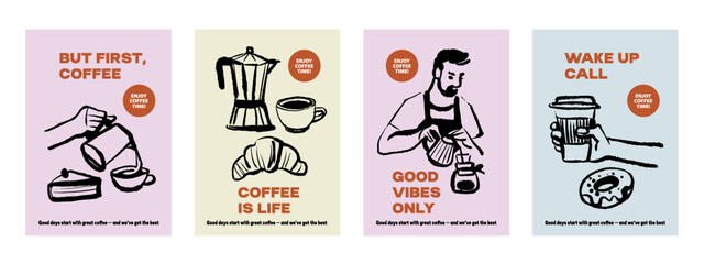 Hand drawn vintage coffee shop poster set. Cafe menu, packaging design. Whimsical sketch vector illustration.