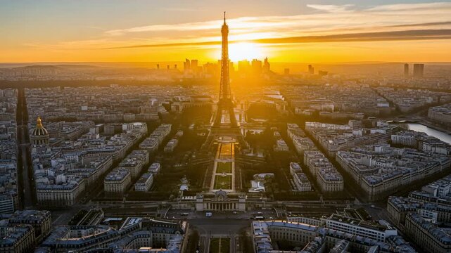 Timelapse of a Golden Sunset over Paris. Aerial view of the Eiffel Tower and the city skyline at dusk. France travel.