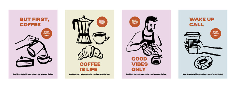 Hand drawn vintage coffee shop poster set. Cafe menu, packaging design. Whimsical sketch vector illustration.