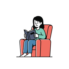 A young woman sits comfortably in a red armchair, engrossed in reading a book.