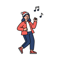 A woman wearing a Santa hat joyfully dancing to music, depicted with simple line art and flat colors.