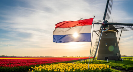 Dutch Landscape: Windmill, Flag, and Tulip Fields at Sunset