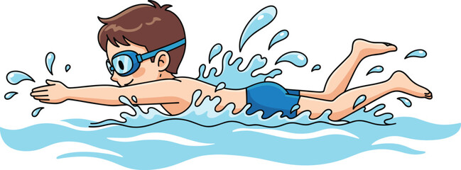 Swimming boy in blue goggles, cartoon swimmer in water, splashing waves, summer sports activity, aquatic exercise, children swimming lesson, cad drawing flat vector illustration