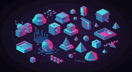 Isometric Abstract Composition with Geometric Shapes in Cyberpunk Color Palette