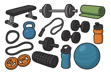 Home workout & gym equipment set in flat lay cartoon style. Fitness vector collection with dumbbell, kettlebell, barbell, mat & ball. Sport, health & bodybuilding concept.