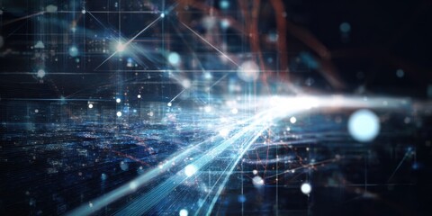 Fototapeta premium Abstract Digital Network Grid with Glowing Light Trails and Bokeh Effects technology
