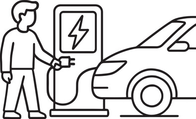 Human Silhouette Charging Electric Vehicle Line icon Vector