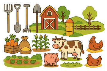 Farm life collection. Cute cartoon vector icons set. Agriculture elements with barn, cow, pig, chicken, and crops. Farming tools illustration. Rural countryside landscape.