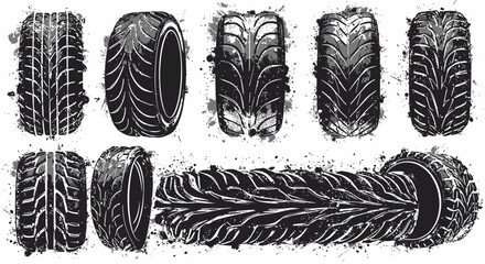 Dramatic vector illustration of various tire treads with dynamic grunge splatter
