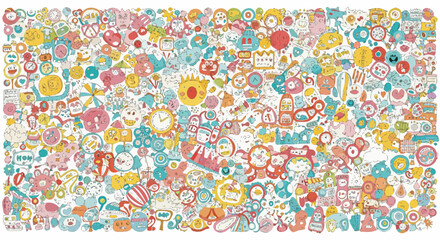 Whimsical doodle collage featuring a colorful array of playful and quirky illustrations