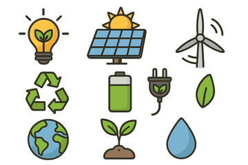 Eco-friendly energy icons set with renewable symbols. Vector collection for sustainability, ecology, environment concept. Green power, solar panel, wind turbine, recycling.