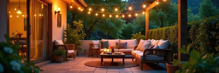 Relaxing Family Evening on a Cozy Patio String Lights, Comfortable Furniture, Summer Gathering