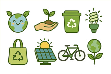 Eco friendly icon set for sustainability and environmental concepts. Green initiatives like recycling, solar energy, and conservation. Vector cartoon collection for Earth Day and ecology.