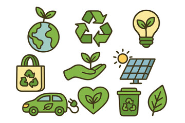 Eco friendly icons for sustainability and environment care. Green energy concept. Ecology, conservation, recycling symbol, solar panel, electric car, planet earth. Go green vector set.