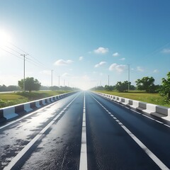 A bright, empty highway stretches into the distance under a clear blue sky with scattered clouds and greenery on either side.