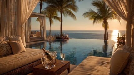 Luxury infinity pool at sunset with champagne and ocean view