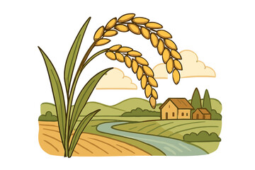 Rice plant vector illustration. Paddy crop with grains and leaves in rural countryside landscape. Agriculture farm harvest concept. Cartoon drawing of food field with river and house.