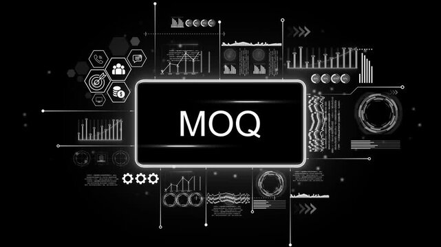 M O Q minimum order quantity business finance data analytics technology interface H U D screen with charts graphs icons and code