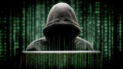 Mysterious Hooded Figure with Laptop Surrounded by Green Binary Code in Dark Environment