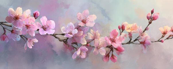 Obraz premium Cherry blossom branch pink flower spring bloom delicate petal soft pastel nature floral art tranquil watercolor style beauty