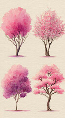 Obraz premium Pink tree watercolor blossom floral spring nature illustration pastel delicate tranquil beautiful pink tree watercolor illustration with delicate