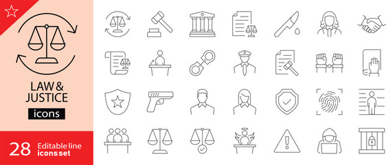 Law and justice icons set. Containing judge, court, legal, lawyer, judgement, jury, crime, prison, police, attorney, and gavel. Editable stroke. Outline icons. Vector illustration.