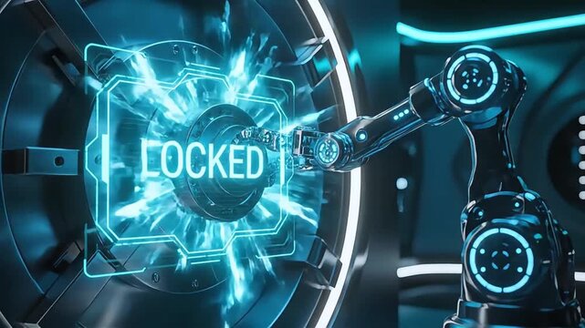Futuristic Robotic Arm Locks Down a High Tech Computer System.