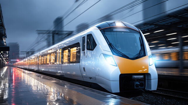 Modern commuter train in urban setting during rainy evening with reflections on the platform