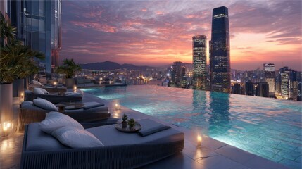 Rooftop infinity pool overlooking a vibrant cityscape at sunset
