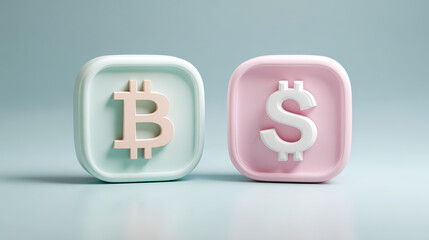 Bitcoin symbol and dollar sign on pastel square buttons, minimal style, digital currency and finance concept, soft lighting