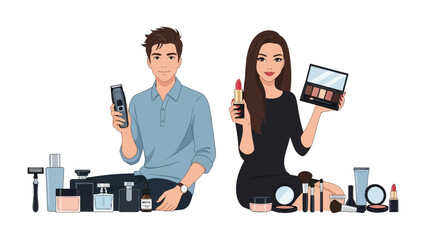 Modern man and woman showcasing a diverse collection of skincare and makeup products promoting beauty and personal care routines for everyone