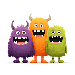 Friendly colorful monsters celebrating Halloween together with smiles
