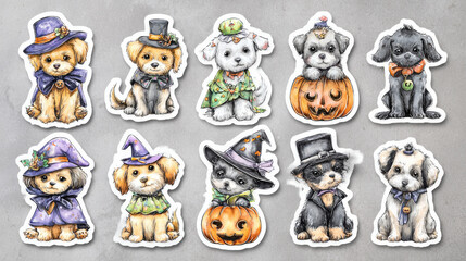 Cute puppy Halloween costume witch hat pumpkin bow tie cartoon sticker playful festive gray background
