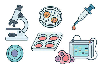 Biological research icons for science experiment. Laboratory equipment, microscope, petri dish, cell culture, gel electrophoresis for dna analysis. Biotechnology vector set.