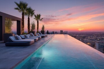 Rooftop infinity pool at sunset with city view