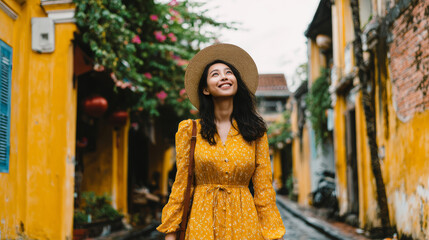 Young woman yellow dress straw hat smiling walking old town yellow wall outdoor summer travel