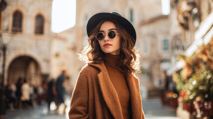 Fototapeta premium Young woman brown coat black hat sunglasses curly hair autumn city street stylish outdoor confident mood