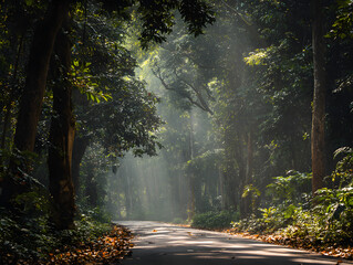 Obraz premium Road through Forest with Sunbeams