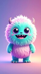 Cute, fluffy, light-blue monster with pink accents, wide eyes, and a happy expression on a soft gradient background