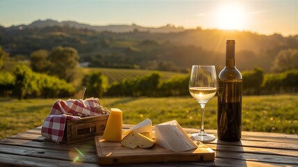 Romantic picnic setting with white wine and assorted cheeses overlooking rolling hills and a vineyard at golden hour
