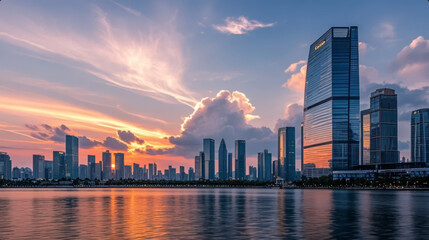 Obraz premium City Skyline at Sunset and Dusk with a River and Modern Architecture Background