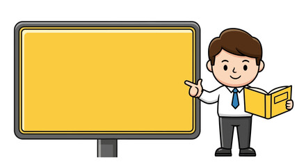 Cartoon Businessman Pointing at Blank Yellow Signboard