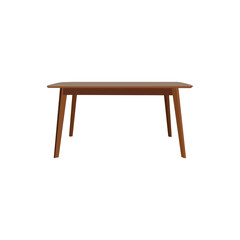 A full shot of a contemporary, light brown wooden dining table against a pure white background.