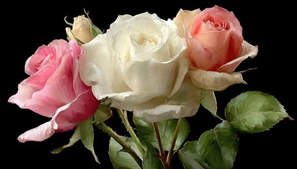 Three roses in pastel colors, close-up