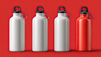 Four metal water bottles, three white, one red, on a red background